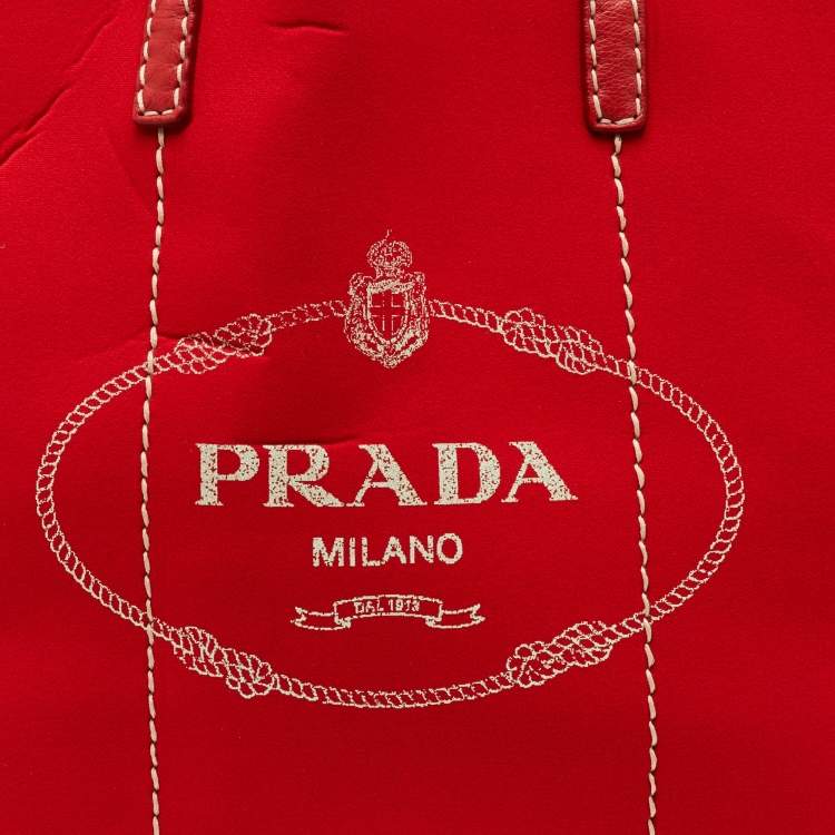Pre Owned Prada Red Neoprene and Leather Logo Canapa Tote