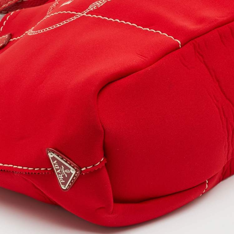 Pre Owned Prada Red Neoprene and Leather Logo Canapa Tote