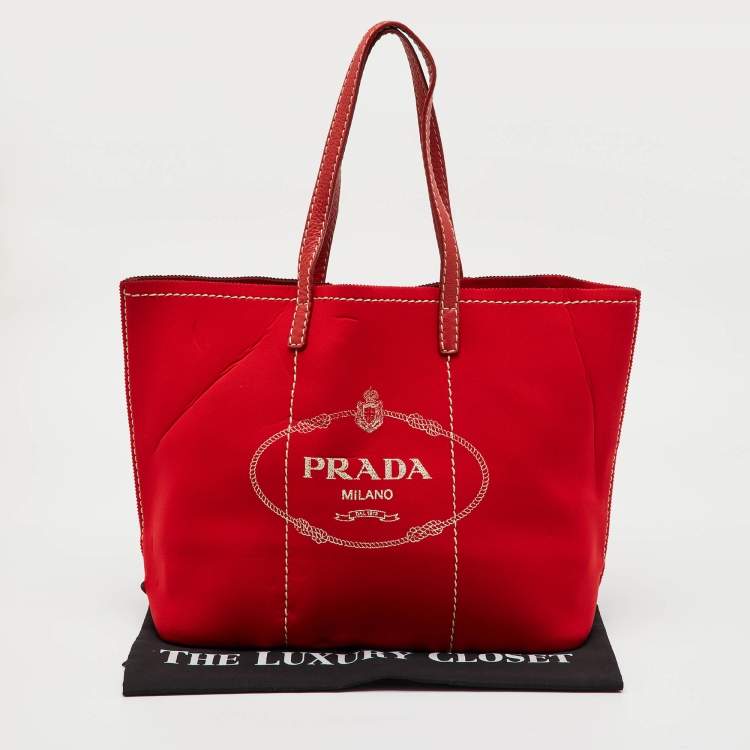 Pre Owned Prada Red Neoprene and Leather Logo Canapa Tote