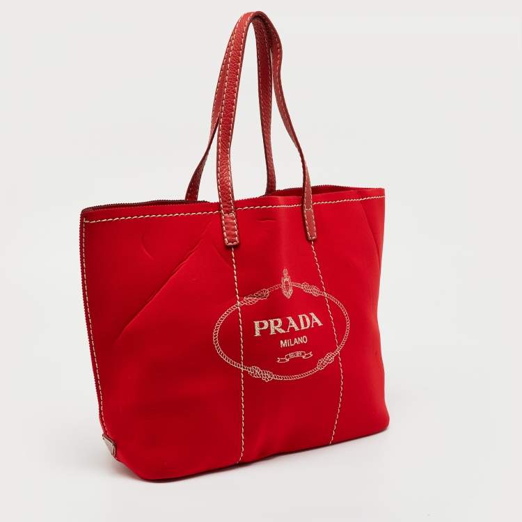 Pre Owned Prada Red Neoprene and Leather Logo Canapa Tote
