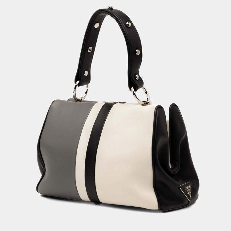 Pre Owned Prada Grey White Leather Baiadera Frame Bag