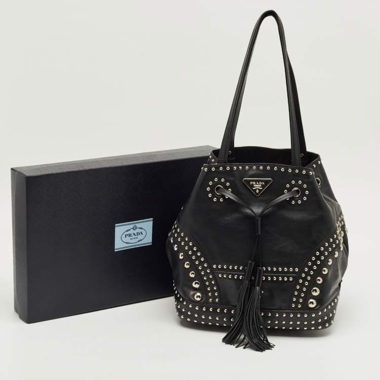 Pre Owned Prada Black Leather Studded Drawstring Bucket Bag