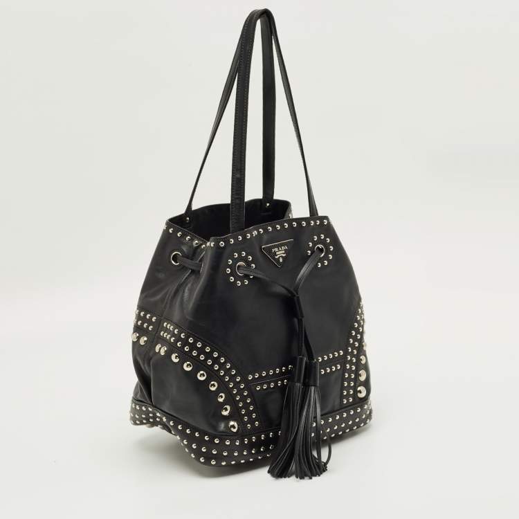 Pre Owned Prada Black Leather Studded Drawstring Bucket Bag