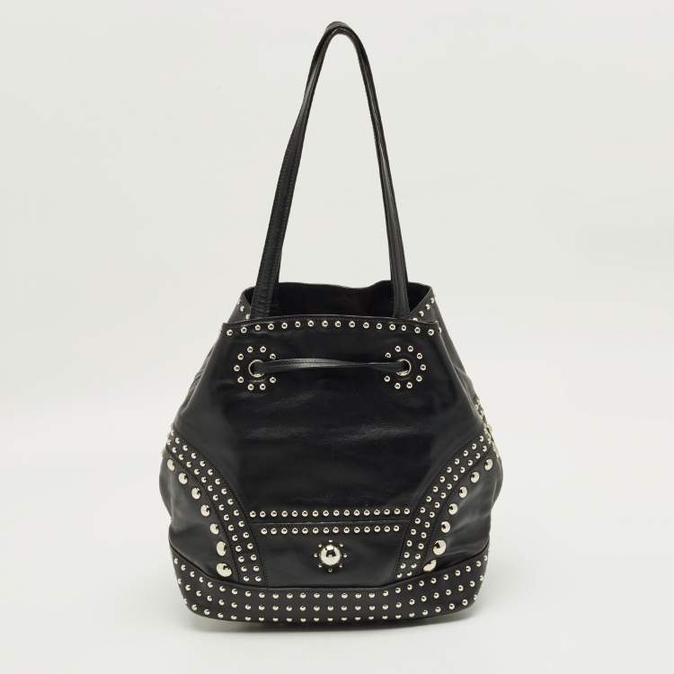 Pre Owned Prada Black Leather Studded Drawstring Bucket Bag