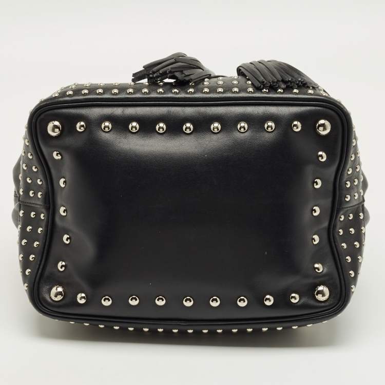 Pre Owned Prada Black Leather Studded Drawstring Bucket Bag