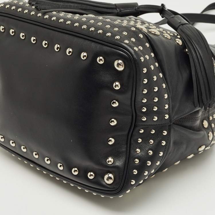 Pre Owned Prada Black Leather Studded Drawstring Bucket Bag
