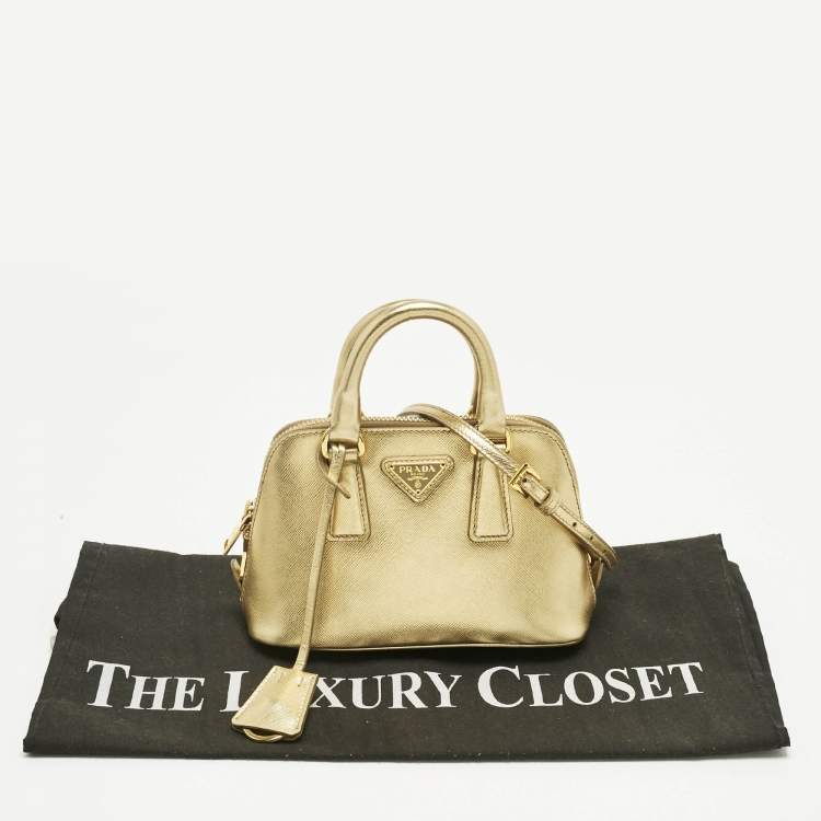 Pre Owned Prada Gold Saffiano Lux Leather Mini Promenade Satchel