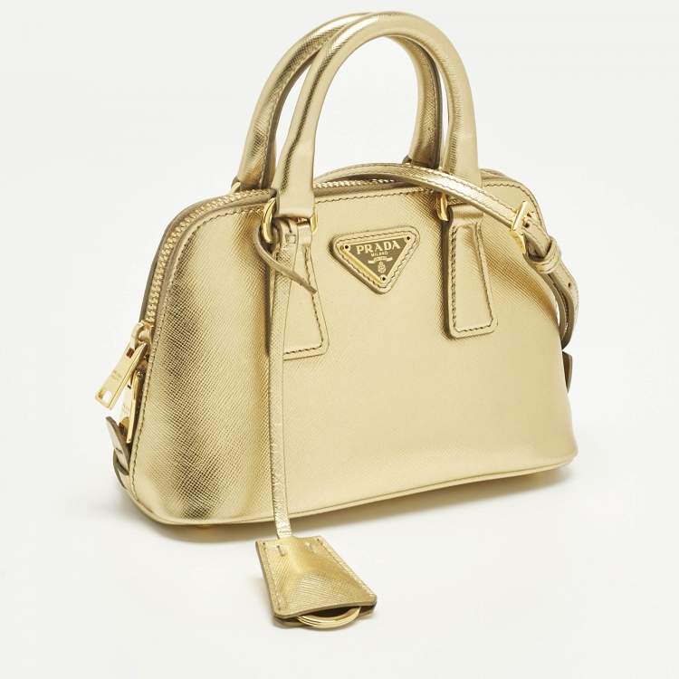 Pre Owned Prada Gold Saffiano Lux Leather Mini Promenade Satchel