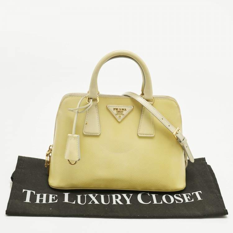 Pre Owned Prada Light Yellow Saffiano Patent Lux Leather Small Promenade Satchel