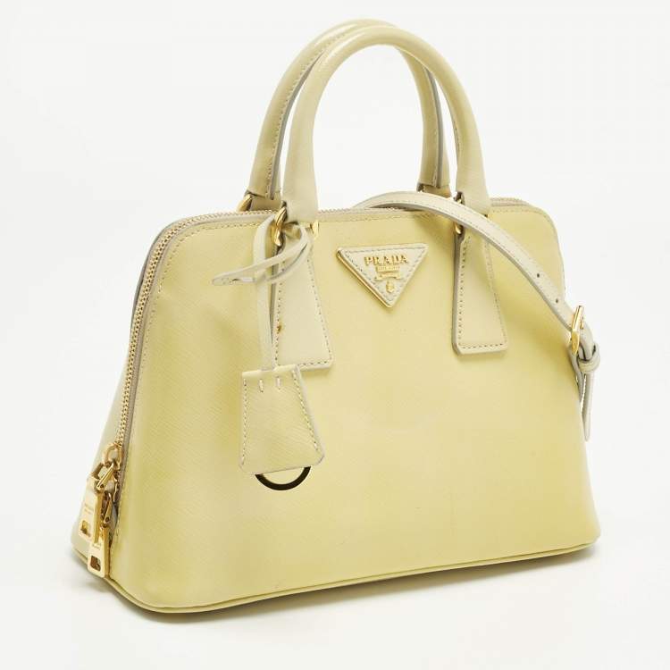 Pre Owned Prada Light Yellow Saffiano Patent Lux Leather Small Promenade Satchel