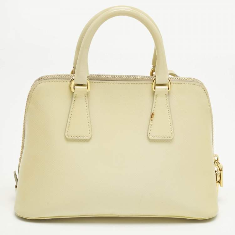Pre Owned Prada Light Yellow Saffiano Patent Lux Leather Small Promenade Satchel