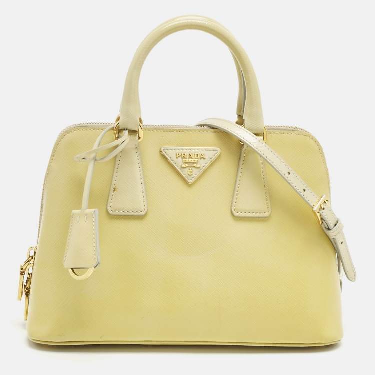 Pre Owned Prada Light Yellow Saffiano Patent Lux Leather Small Promenade Satchel
