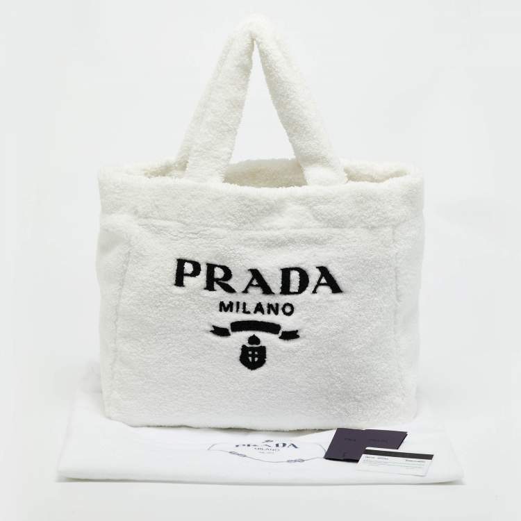 Pre Owned Prada White/Black Terry Cloth Logo Tote