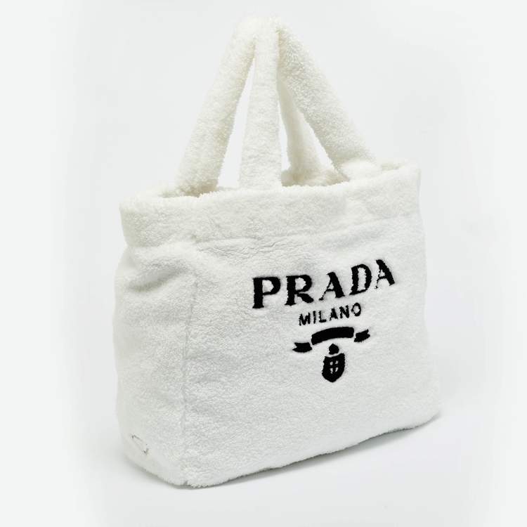 Pre Owned Prada White/Black Terry Cloth Logo Tote