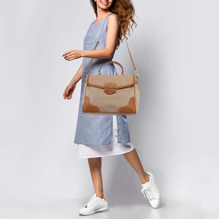 Pre Owned Prada Beige/Tan Canvas and Cinghiale Leather Top Handle Bag
