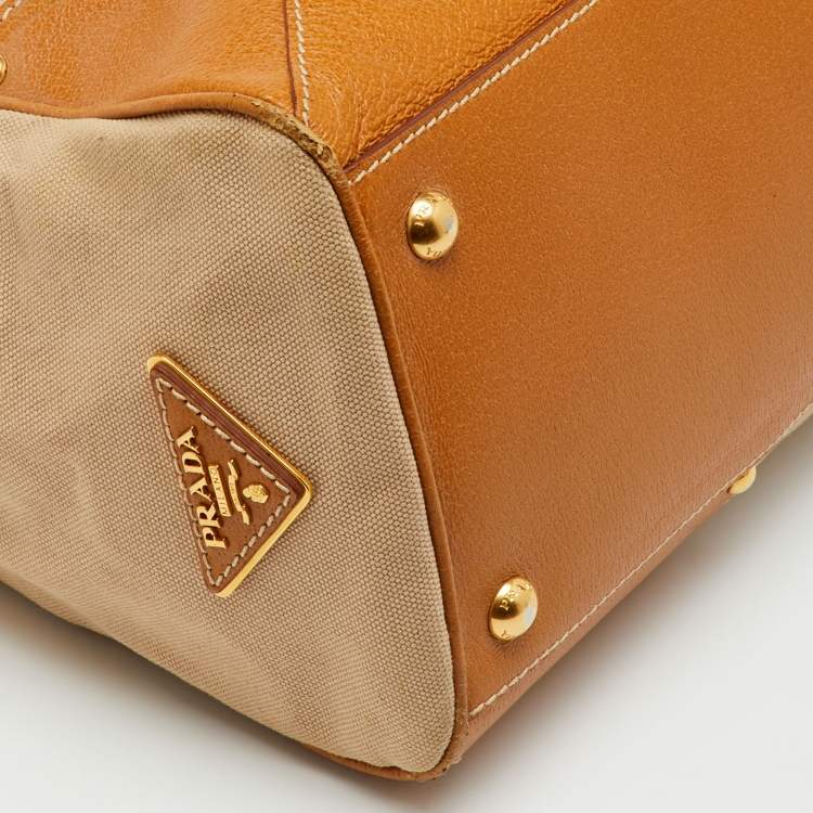 Pre Owned Prada Beige/Tan Canvas and Cinghiale Leather Top Handle Bag