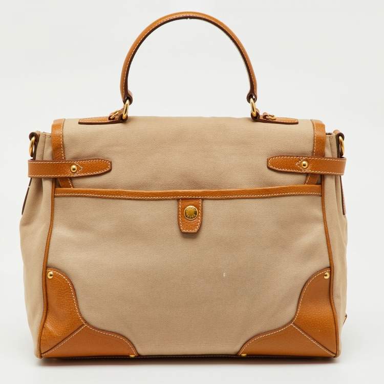 Pre Owned Prada Beige/Tan Canvas and Cinghiale Leather Top Handle Bag