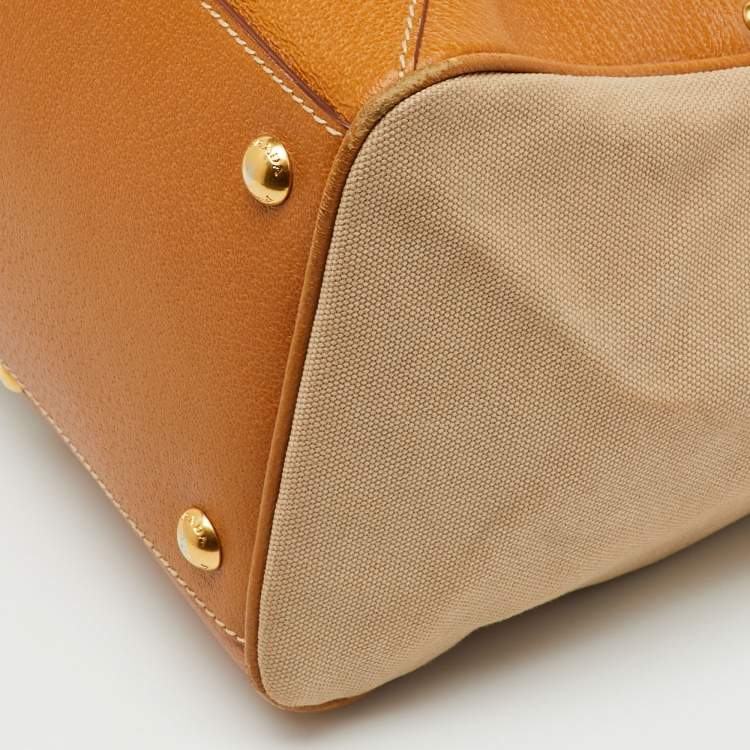 Pre Owned Prada Beige/Tan Canvas and Cinghiale Leather Top Handle Bag