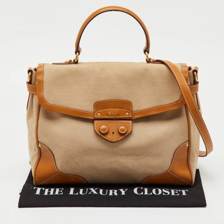 Pre Owned Prada Beige/Tan Canvas and Cinghiale Leather Top Handle Bag