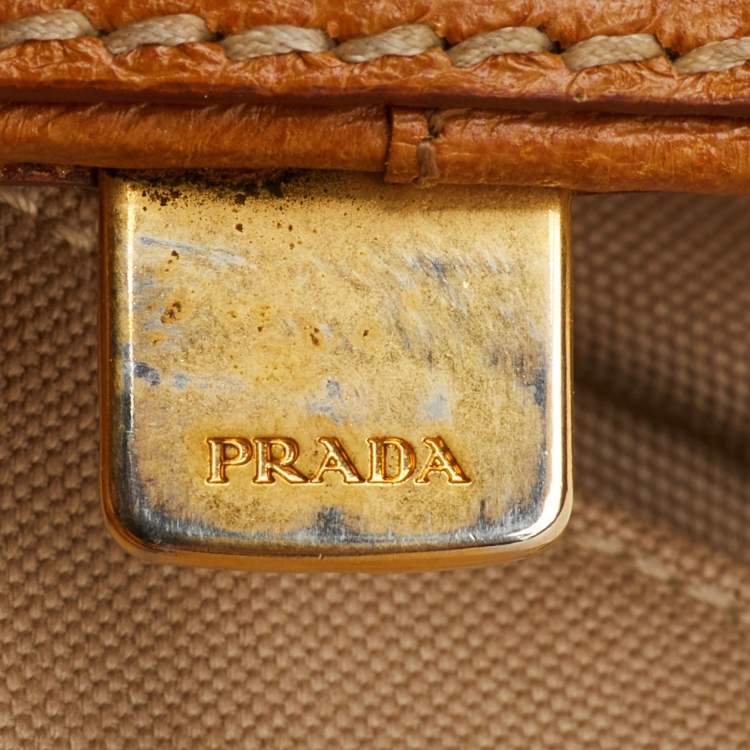 Pre Owned Prada Beige/Tan Canvas and Cinghiale Leather Top Handle Bag