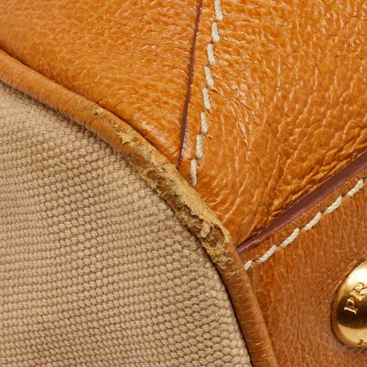 Pre Owned Prada Beige/Tan Canvas and Cinghiale Leather Top Handle Bag