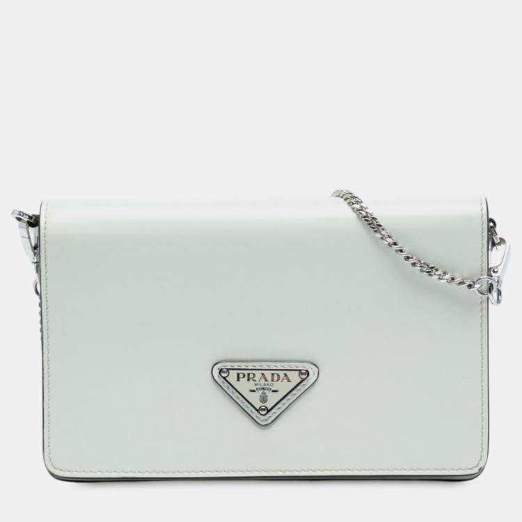 Pre Owned Prada White Mini Brushed Leather Chain Crossbody