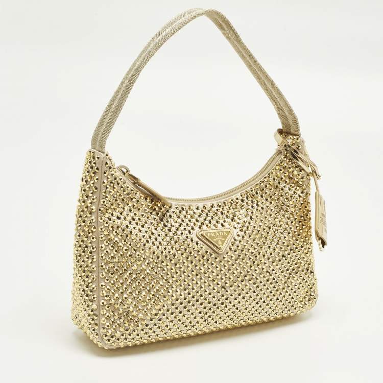 Pre Owned Prada Re-Edition 2000 Crystals Gold Satin Shoulder Bag
