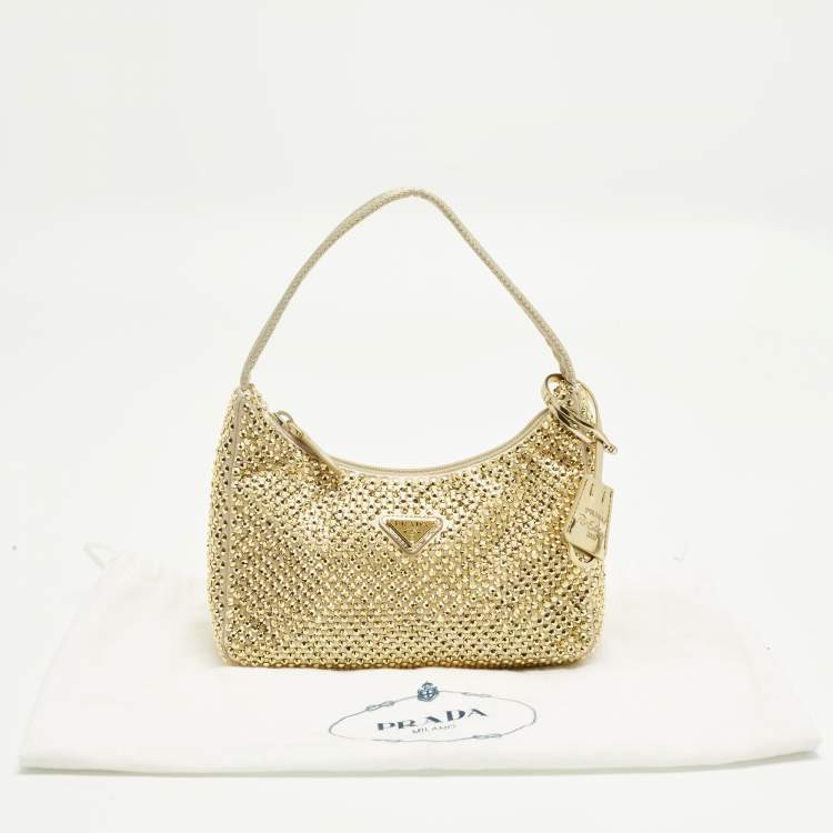 Pre Owned Prada Re-Edition 2000 Crystals Gold Satin Shoulder Bag