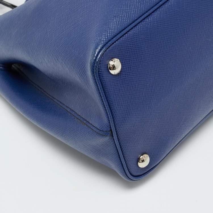 Pre Owned Prada Double Handle Medium Blue Saffiano Cuir Leather Tote
