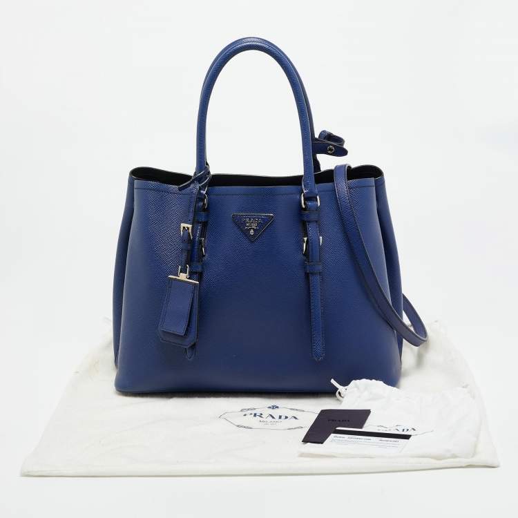 Pre Owned Prada Double Handle Medium Blue Saffiano Cuir Leather Tote