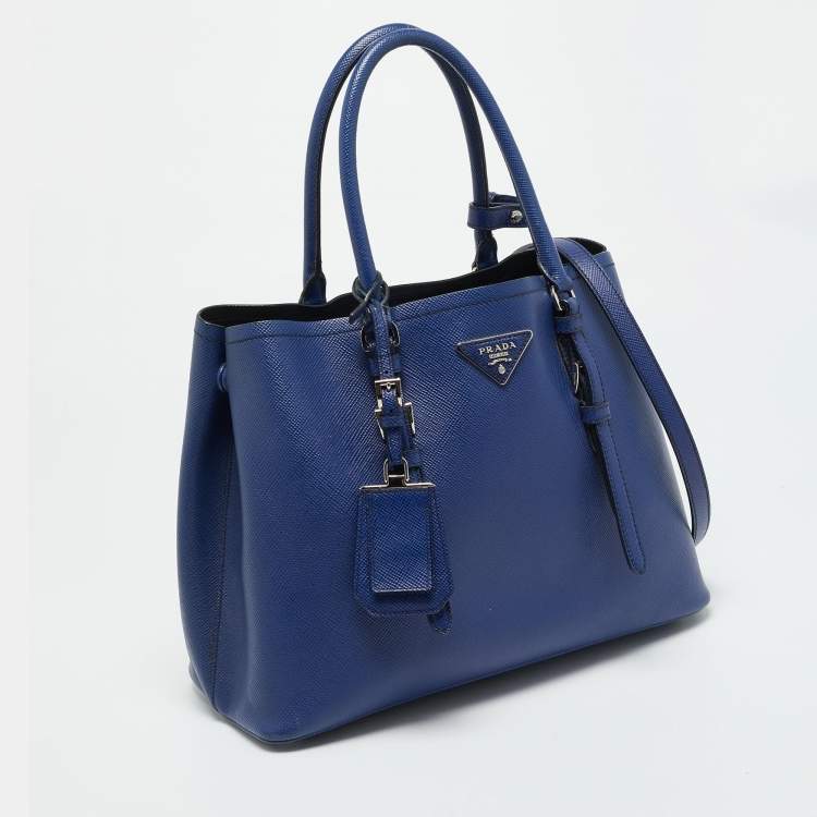 Pre Owned Prada Double Handle Medium Blue Saffiano Cuir Leather Tote