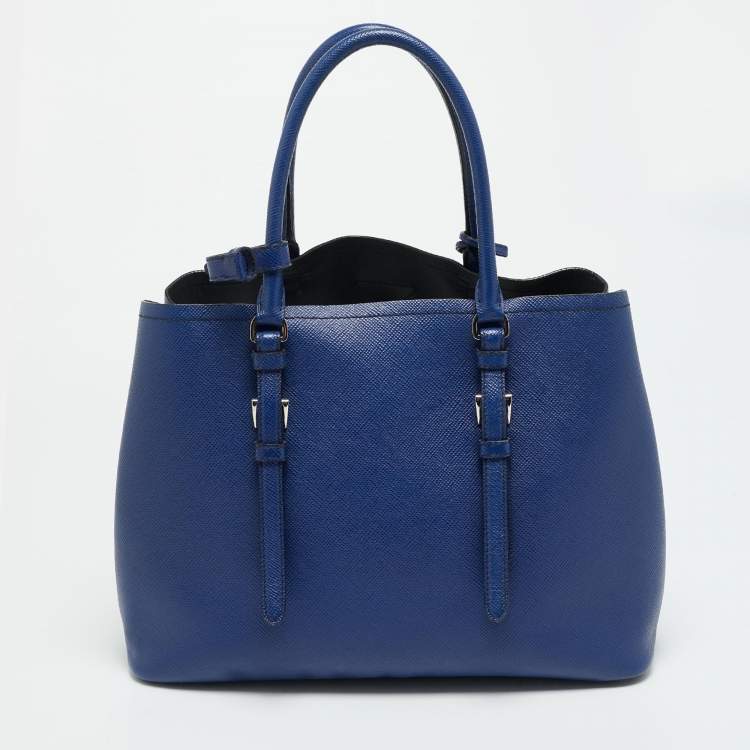 Pre Owned Prada Double Handle Medium Blue Saffiano Cuir Leather Tote