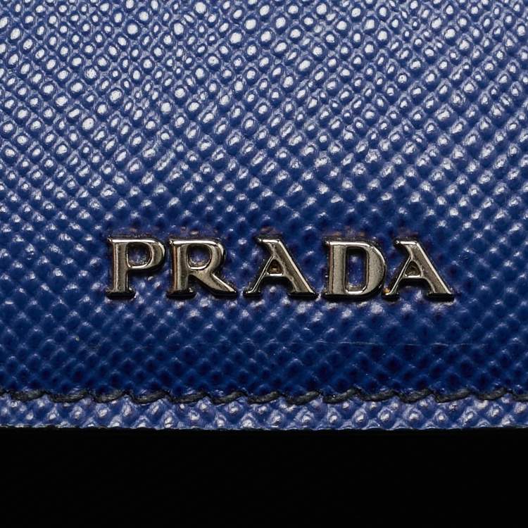 Pre Owned Prada Double Handle Medium Blue Saffiano Cuir Leather Tote