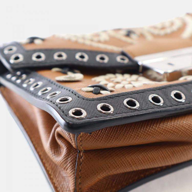Pre Owned Prada Black/Brown Saffiano Embroidered Pattina Crossbody Bag