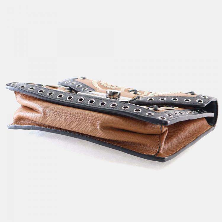 Pre Owned Prada Black/Brown Saffiano Embroidered Pattina Crossbody Bag