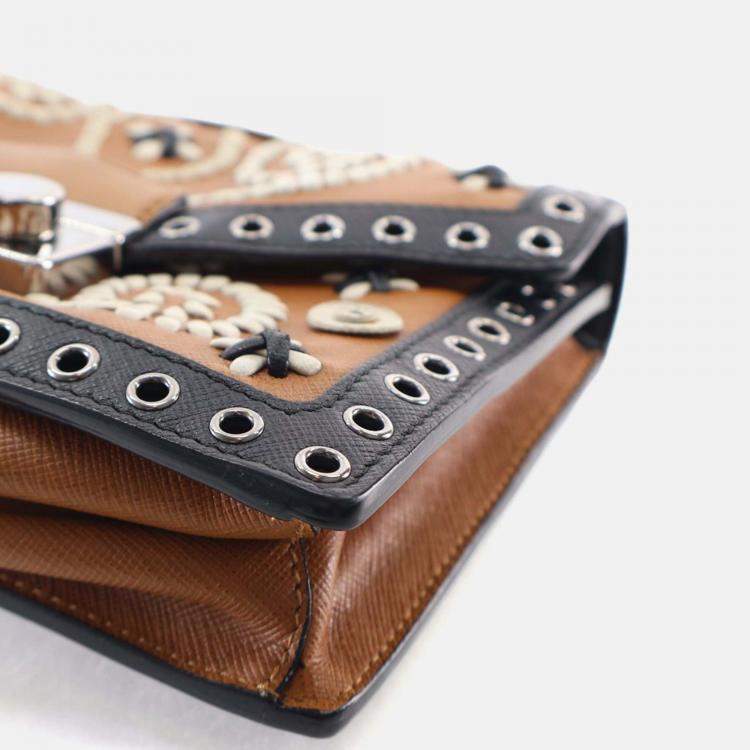 Pre Owned Prada Black/Brown Saffiano Embroidered Pattina Crossbody Bag