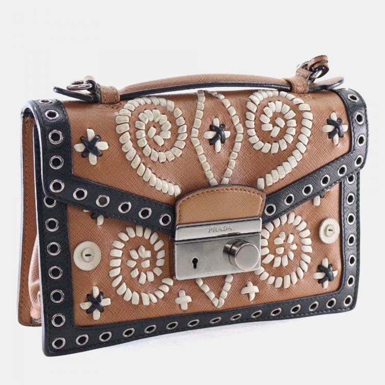 Pre Owned Prada Black/Brown Saffiano Embroidered Pattina Crossbody Bag