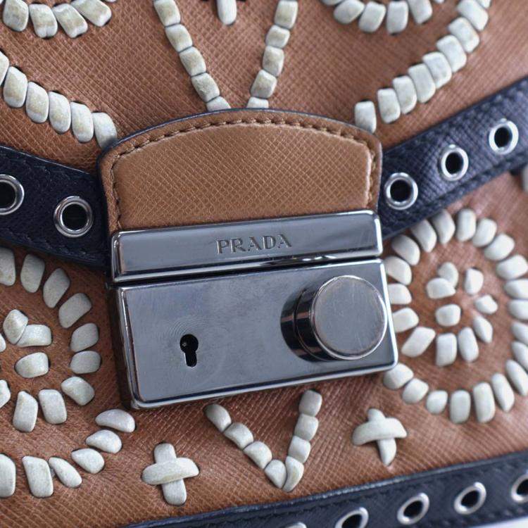 Pre Owned Prada Black/Brown Saffiano Embroidered Pattina Crossbody Bag