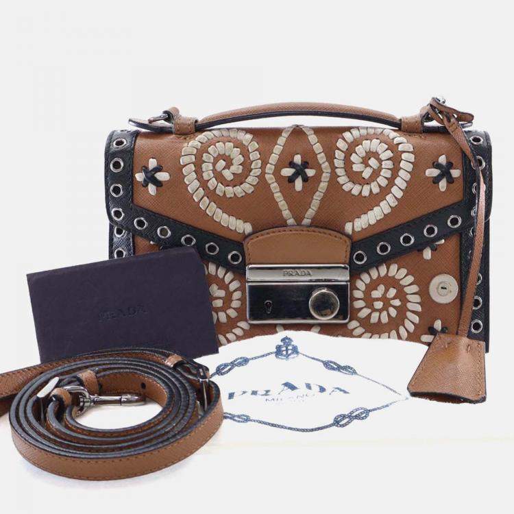 Pre Owned Prada Black/Brown Saffiano Embroidered Pattina Crossbody Bag