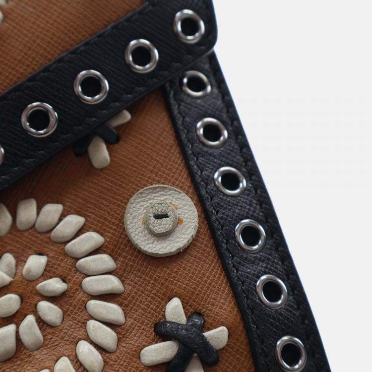 Pre Owned Prada Black/Brown Saffiano Embroidered Pattina Crossbody Bag