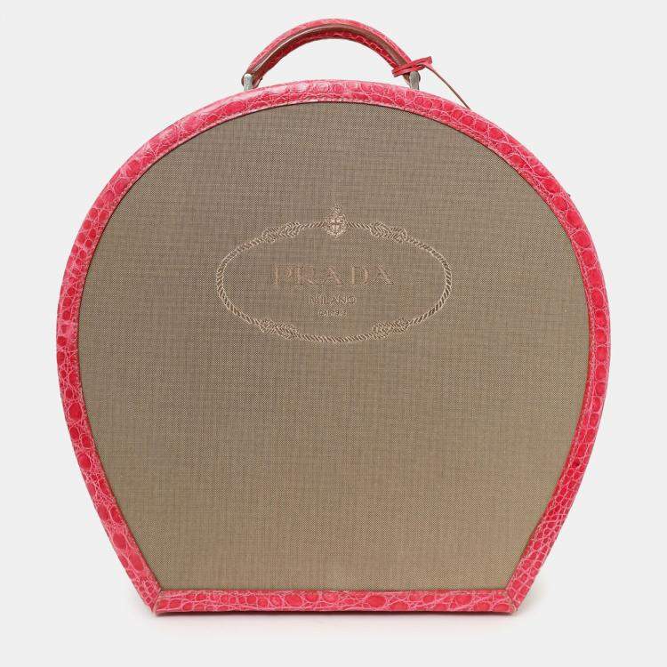 مملوكة مسبقًا Prada Beige Canvas Pink Crocodile Trim Hat Box