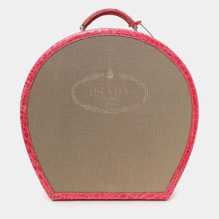 م ملوكة مسبقًا Prada Beige Canvas Pink Crocodile Trim Hat Box