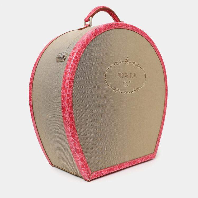 مملوكة مسبقًا Prada Beige Canvas Pink Crocodile Trim Hat Box
