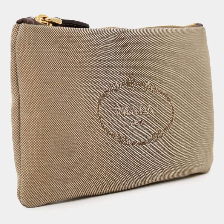 Pre Owned Prada Beige Logo Jacquard Canapa Clutch
