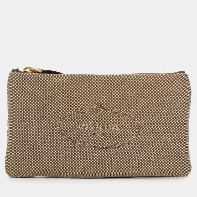 Pre Owned Prada Beige Logo Jacquard Canapa Clutch