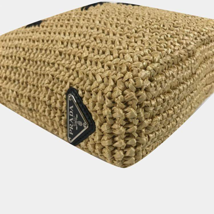 Pre Owned Prada Basket Bag Straw Crochet Triangle Logo Small Lettering Tote Handbag Raffia Natural Beige