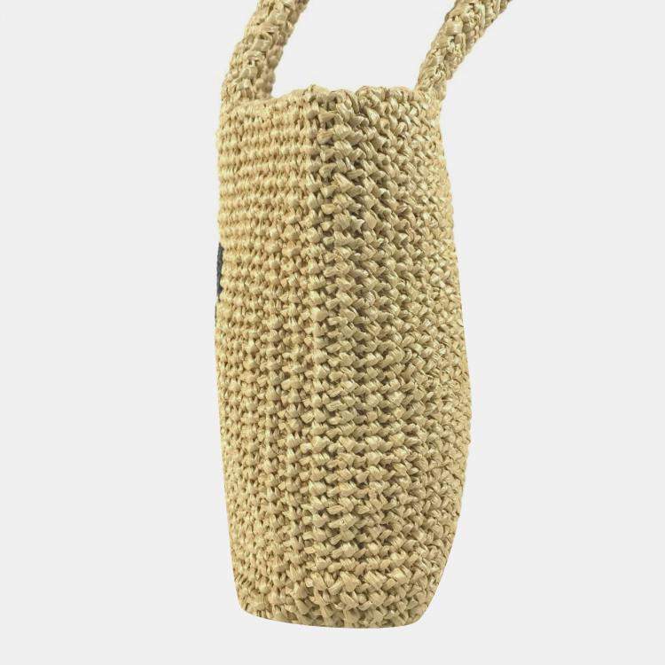 Pre Owned Prada Basket Bag Straw Crochet Triangle Logo Small Lettering Tote Handbag Raffia Natural Beige