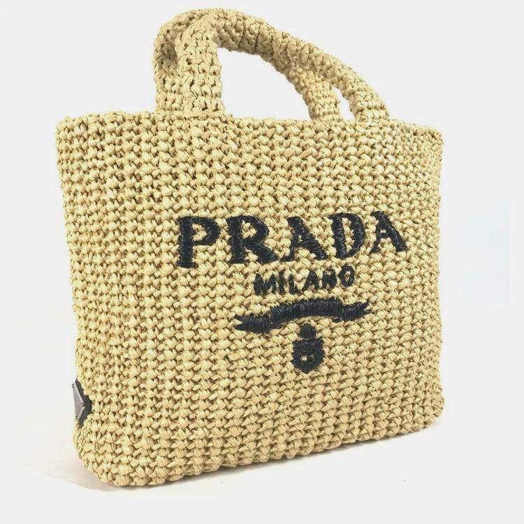 Pre Owned Prada Basket Bag Straw Crochet Triangle Logo Small Lettering Tote Handbag Raffia Natural Beige