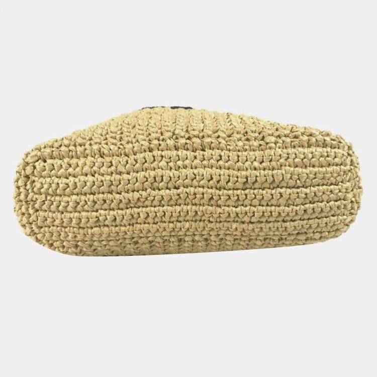 Pre Owned Prada Basket Bag Straw Crochet Triangle Logo Small Lettering Tote Handbag Raffia Natural Beige