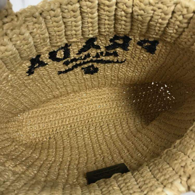 Pre Owned Prada Basket Bag Straw Crochet Triangle Logo Small Lettering Tote Handbag Raffia Natural Beige